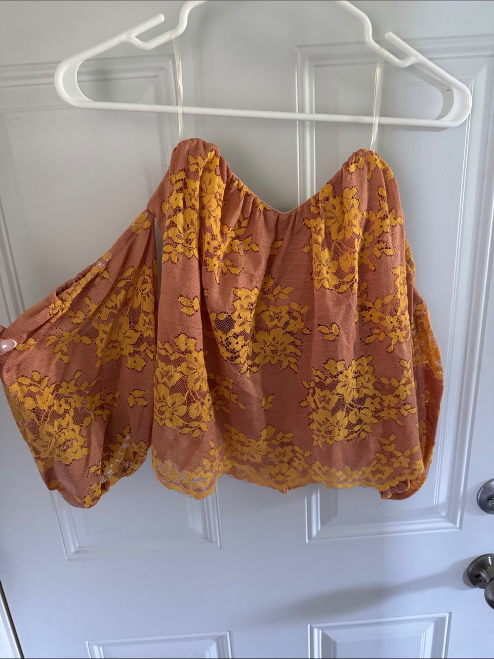 Off-Shoulder Lace Overlay Long Sleeve Top in Rust and Mustard